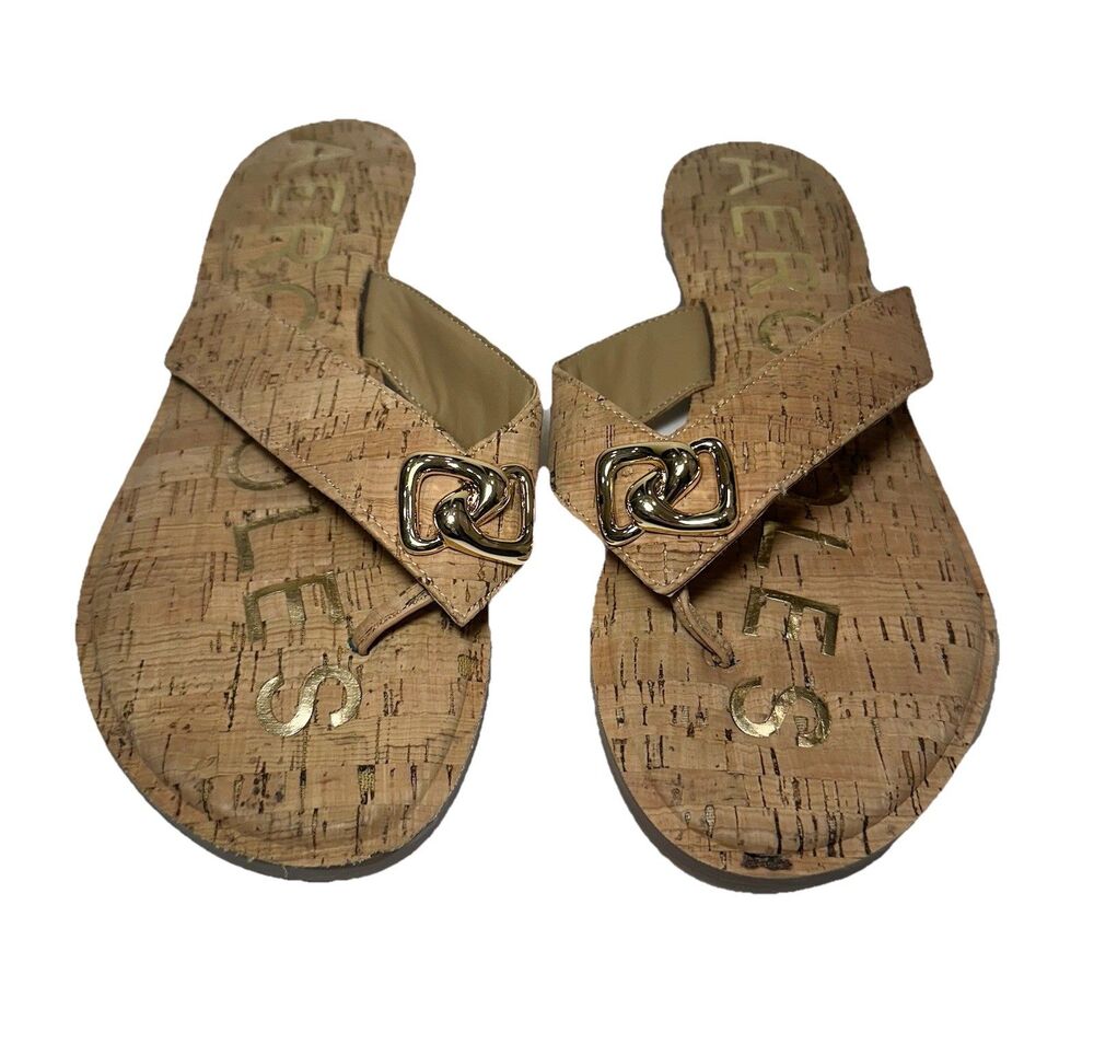 Aerosoles Women’s Size 9 Cork Thong Sandals Gold Hardware Comfort